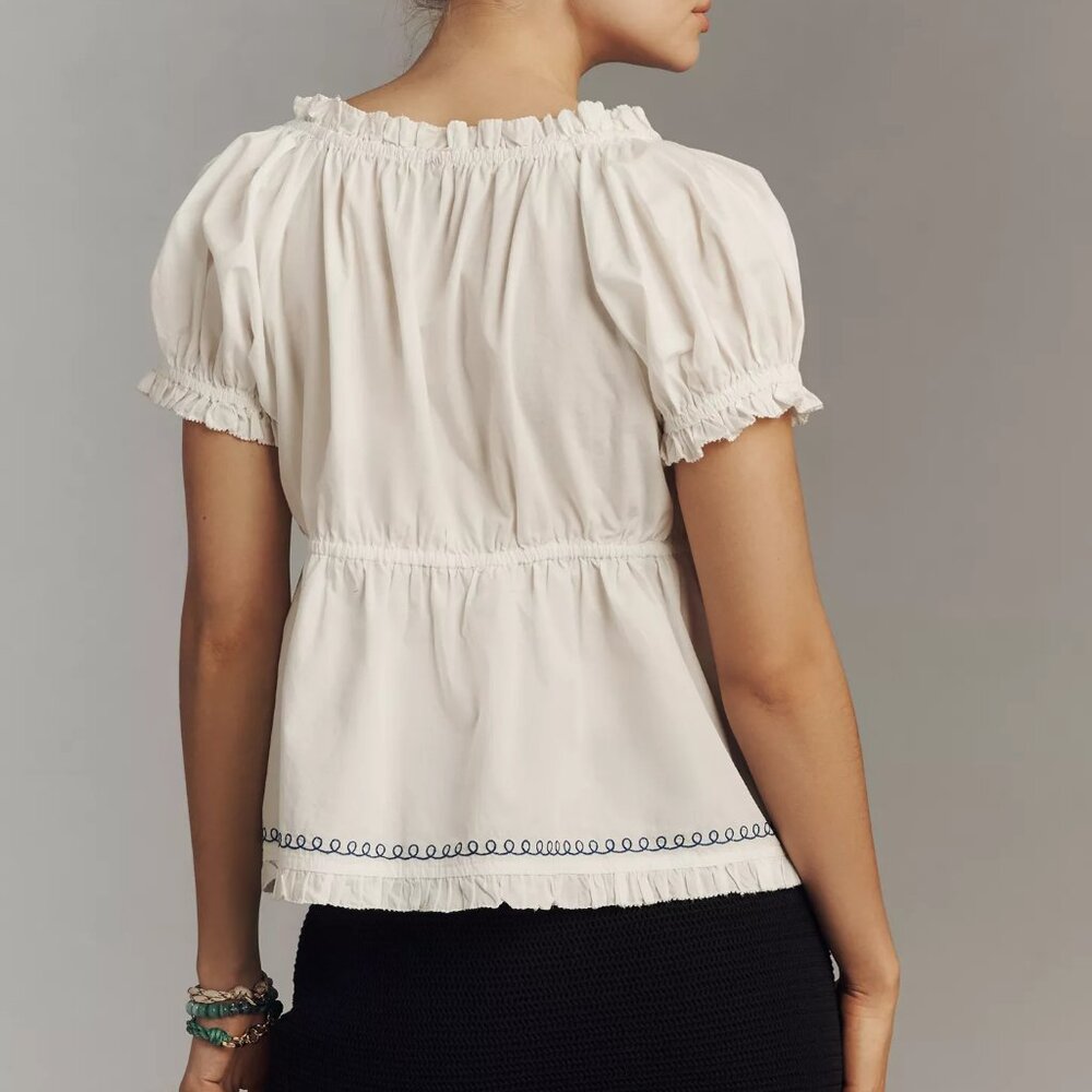NWT Anthropologie Puff Sleeve Blue Floral Embroidered Babydoll Cottagecore Top L - Picture 2 of 10